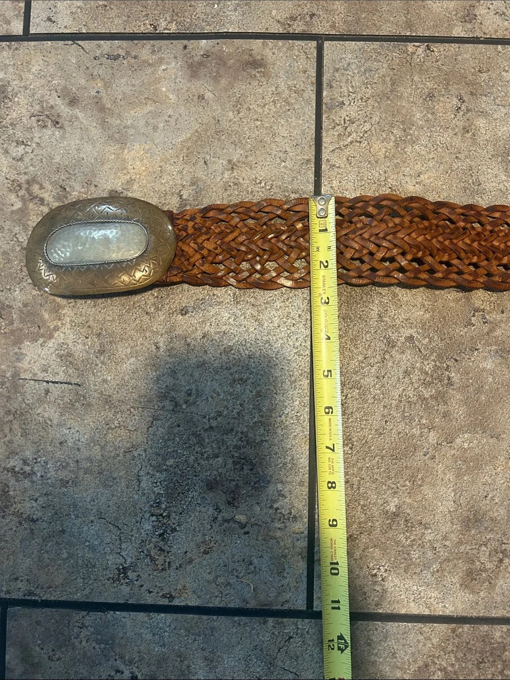 Braided Leather Waist Belt with Antique Brass Hammered Buckle - Brown